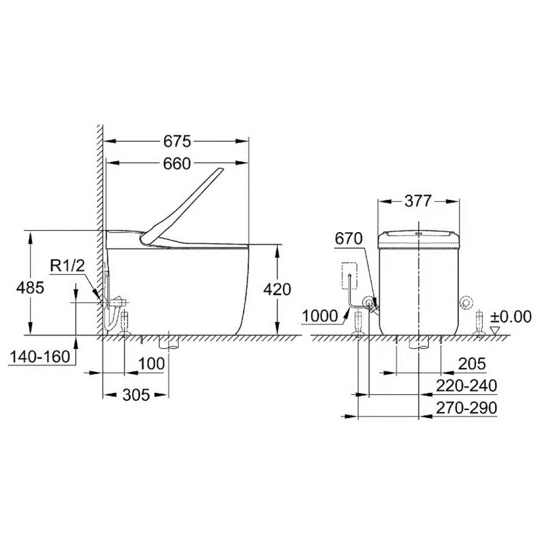 Bản vẽ thể hiện các thông số kích thước của bồn cầu cao cấp Grohe 39355SH0