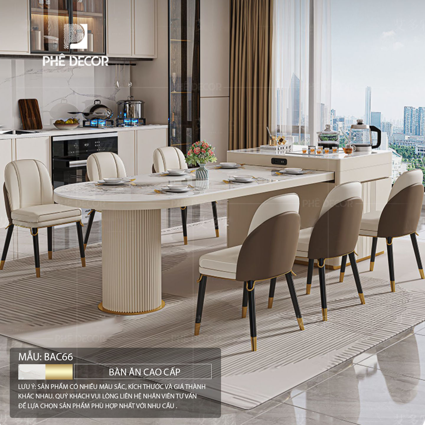 Thiết kế thanh lịch, hiện đại của bàn ăn kết hợp bàn đảo bếp thông minh BAC66