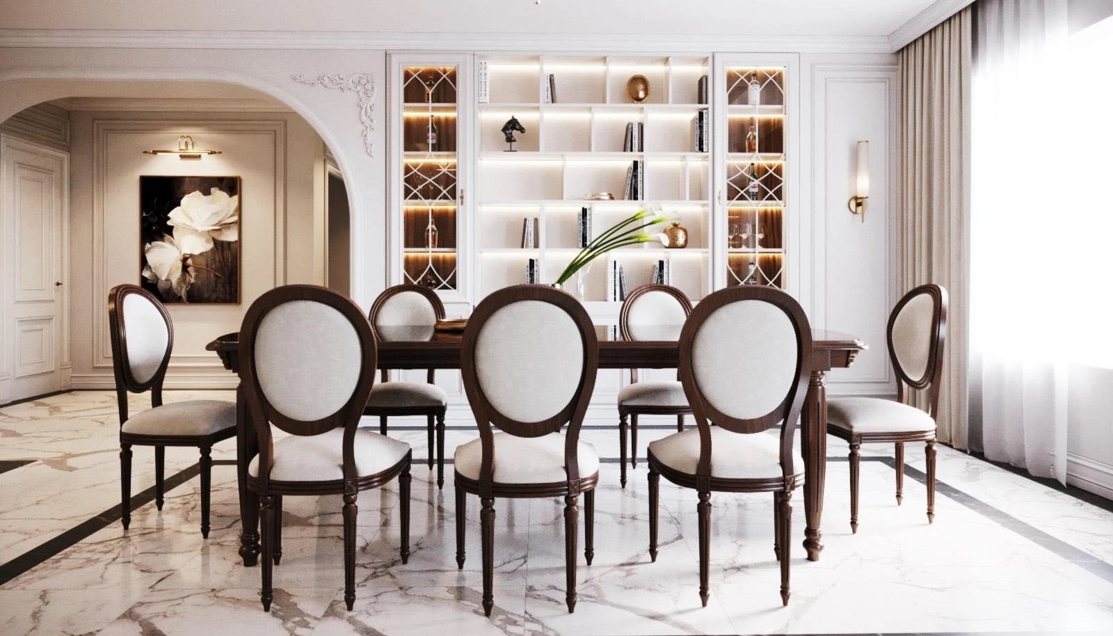Khu vực bếp và phòng ăn trong thiết kế nội thất Penthouse được kết nối mở, tạo sự thuận tiện tối đa